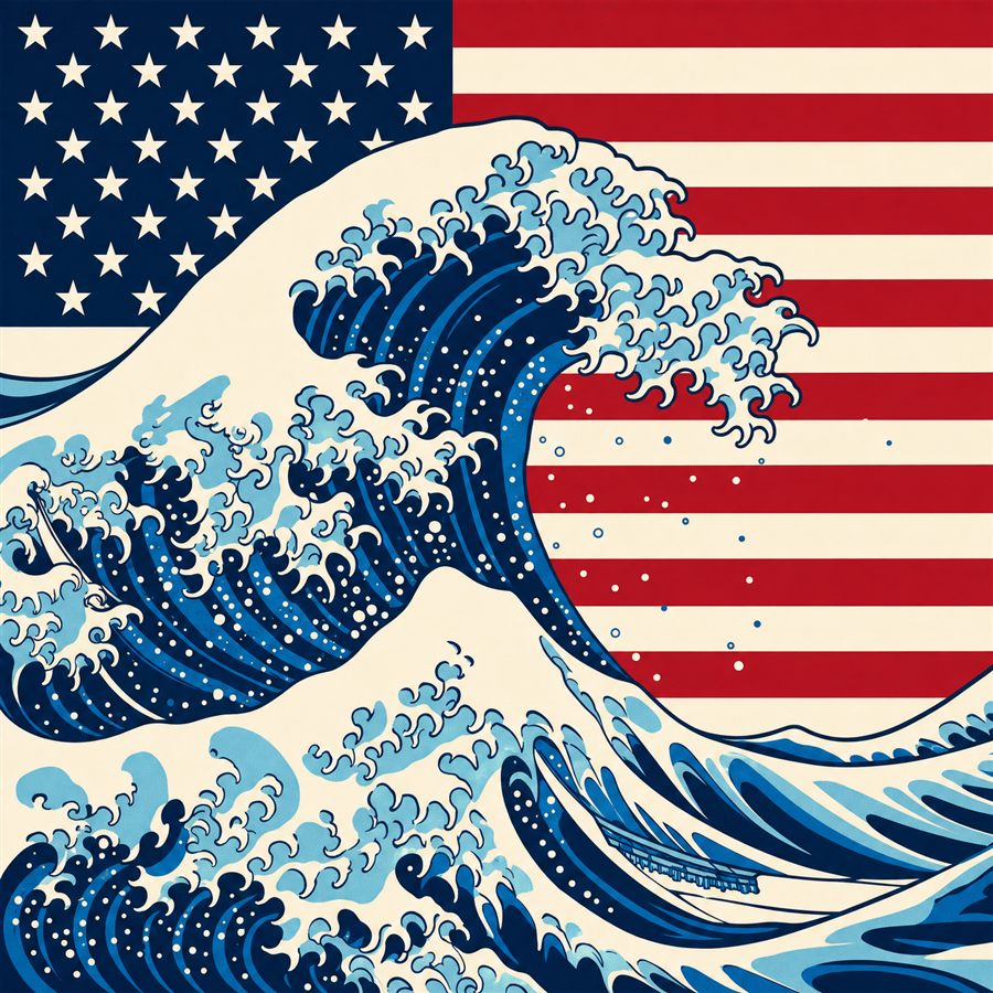 An American flag with a giant blue wave cresting over it